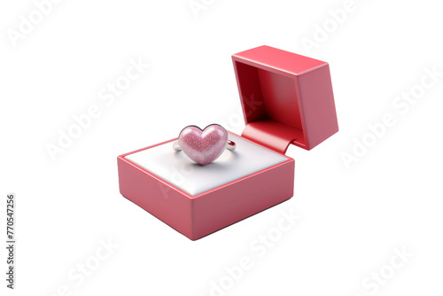 Heart Shaped Ring in Pink Box. On a White or Clear Surface PNG Transparent Background.