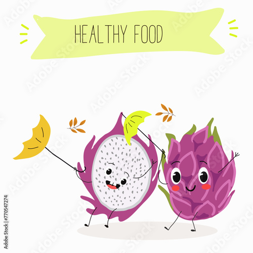 Cute characters pitaya, dragon fruit, pitahaya with different activities. Flat vector illustration, funny fruits. Smiling mascot for kids menu decoration.