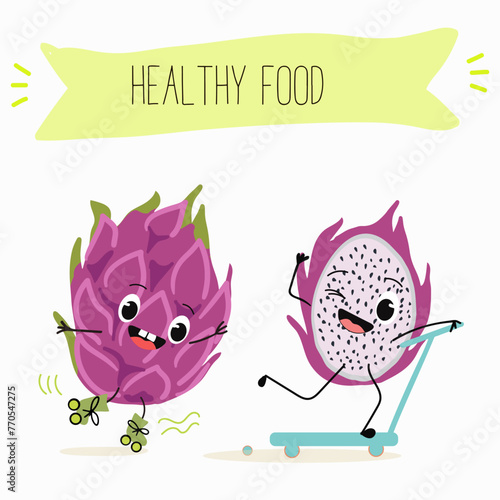 Cute characters pitaya, dragon fruit, pitahaya with different activities. Flat vector illustration, funny fruits. Smiling mascot for kids menu decoration.