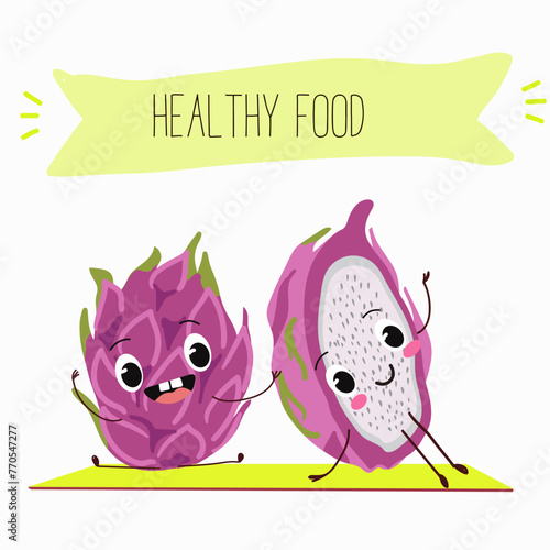 Cute characters pitaya, dragon fruit, pitahaya with different activities. Flat vector illustration, funny fruits. Smiling mascot for kids menu decoration.
