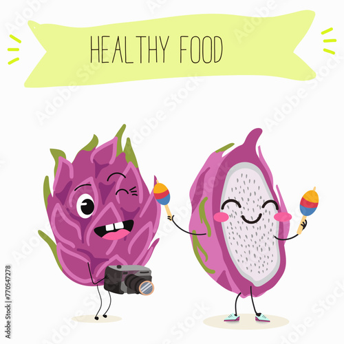 Cute characters pitaya, dragon fruit, pitahaya with different activities. Flat vector illustration, funny fruits. Smiling mascot for kids menu decoration.