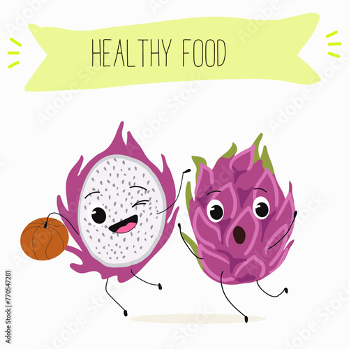 Cute characters pitaya, dragon fruit, pitahaya with different activities. Flat vector illustration, funny fruits. Smiling mascot for kids menu decoration.