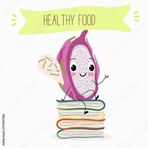 Cute characters pitaya, dragon fruit, pitahaya with different activities. Flat vector illustration, funny fruits. Smiling mascot for kids menu decoration.