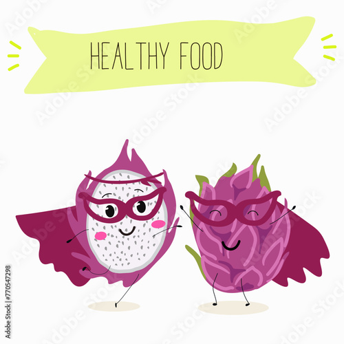 Cute characters pitaya, dragon fruit, pitahaya with different activities. Flat vector illustration, funny fruits. Smiling mascot for kids menu decoration.