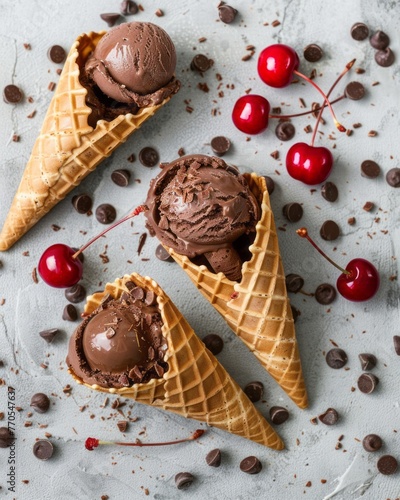 Cherry Chocolate Delight: Rich Ice Cream Cones Topped with Juicy Fruit and Chocolate Sprinkles photo