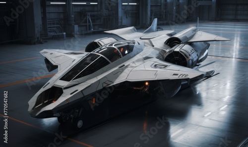 Futuristic Aircraft in Illuminated Hangar Ai generated