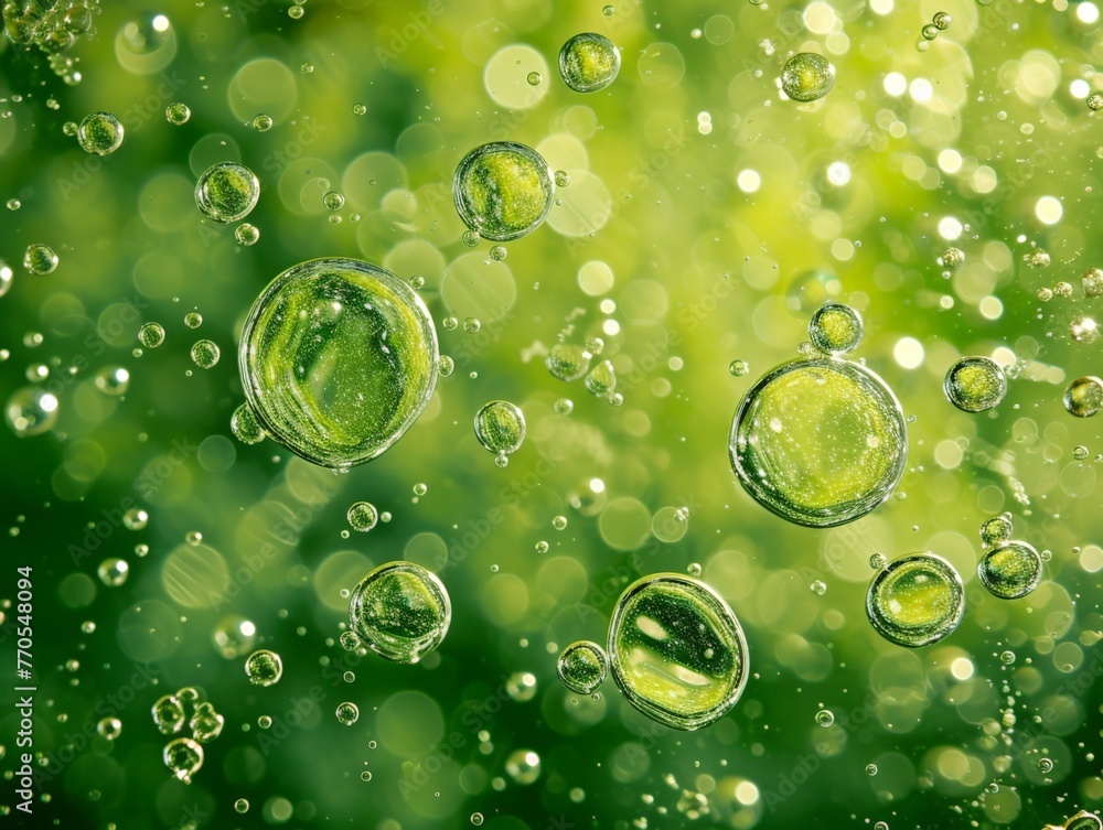 Green Water Bubbles with Illuminated Green Light on Vibrant Background, Abstract Nature Concept