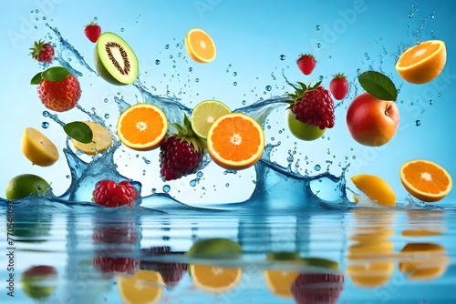 fresh fruits splashing into blue clear water