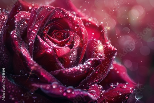 Detailed view of a red rose covered with water droplets, showcasing its natural beauty and freshness.