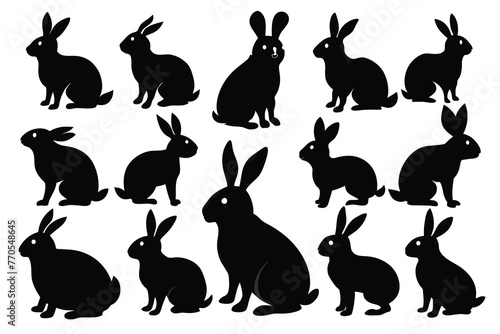 set of rabbit silhouettes on white background