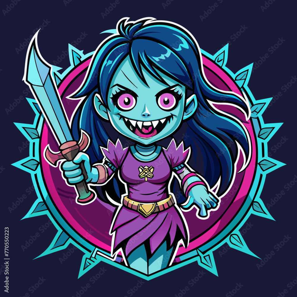 Summon the Chills Design a spine-tingling t-shirt sticker featuring a horror girl wielding a menacing sword in the dead of night