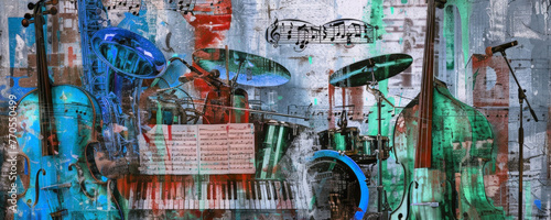 Graffiti collage jazz culture, pop art brilliance, lo-fi looks aesthetic concept.