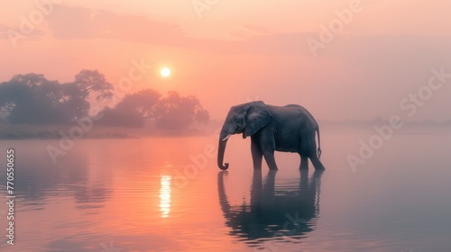 Lonely elephant stands on foggy lake at sunset copy space high luxury details illustration isolated on a light background