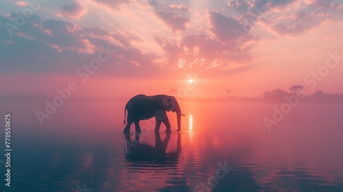 Lonely elephant stands on foggy lake at sunset,copy space,high luxury details,illustration,isolated on a light background © 2D_Jungle