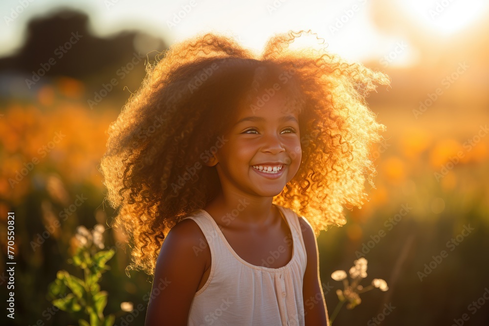 Smiling dark skinned little girl standing in a blurred background field with golden hour light Smiling dark skinned little girl standing in a blurred background field with golden hour light