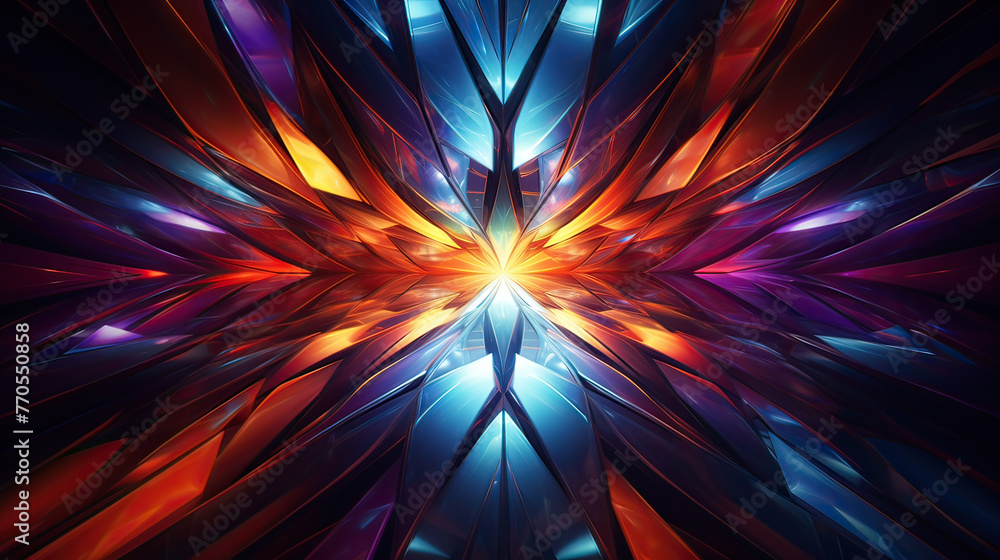 An artistic 3D backdrop of abstract shapes in a kaleidoscope of colors, with lighting effects that create a surreal and dreamlike environment background Ai Generative