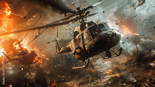Two attack helicopters flying low over a war zone, amidst explosions and debris, captured in an action-packed moment photo