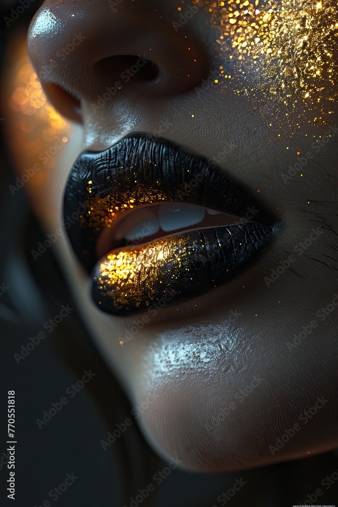 Macro shot of lips artistically adorned with black texture and sparkling gold glitter.