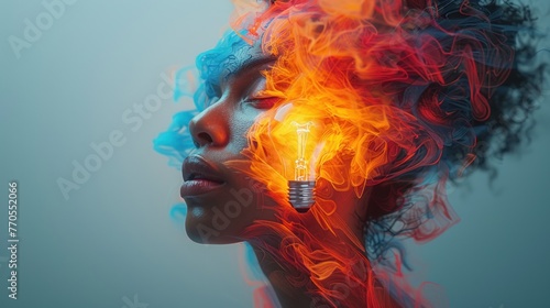 A woman with a light bulb placed inside her head, symbolizing creativity, innovation, and intelligence.