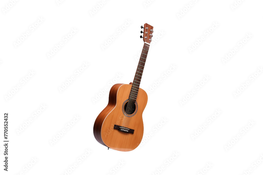 Obraz premium Acoustic Guitar Suspended From Ceiling. On a White or Clear Surface PNG Transparent Background.