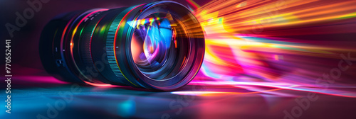 Zoom camera lens on colorful background,Camera lens with lens reflections on background. photo