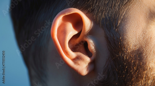 Men's ear. Close-up of a man's ear. Blurred portrait of the interstitial head, focus on the left ear. photo