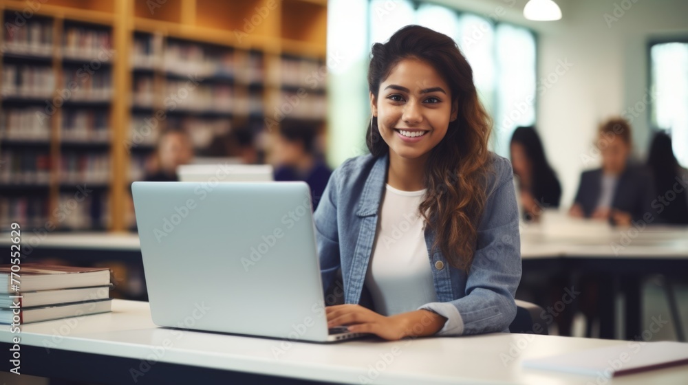 Attractive Multiethnic Student Creating a Business Research Presentation on a Desktop Computer. Young Stylish Female Studying in a University Library with Other People in the Background Attractive Multiethnic Student Creating a Business Research Presentation on a Desktop Computer. Young Stylish Female Studying in a University Library with Other People in the Background