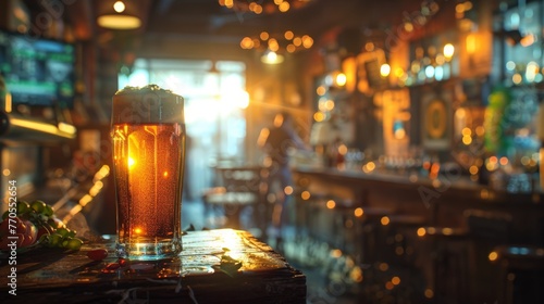 A refreshing beer sits on a rustic bar table, basking in the warm glow of a cozy, ambient bar setting, inviting viewers into a moment of relaxation