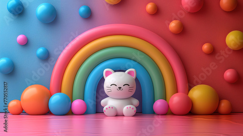 Cute White Toy Kitten with a Rainbow on a Pink Floor and Colorful Background with Balls