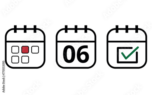 Three hollow calendar flat icons isolated on white background, Calendar icon with specific day marked, day 06. Icons for websites, blogs and graphic resources.