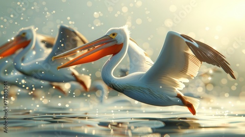 Dramatic Cartoonish Pelicans Diving for Fish in Coastal Seascape with Serene Lighting and Copy Space