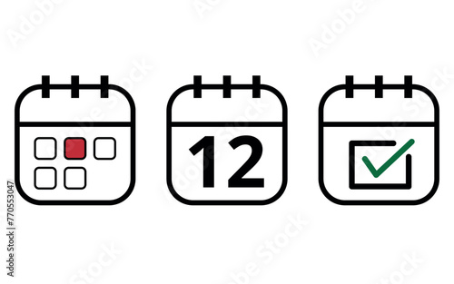 Three hollow calendar flat icons isolated on white background, Calendar icon with specific day marked, day 12. Icons for websites, blogs and graphic resources.