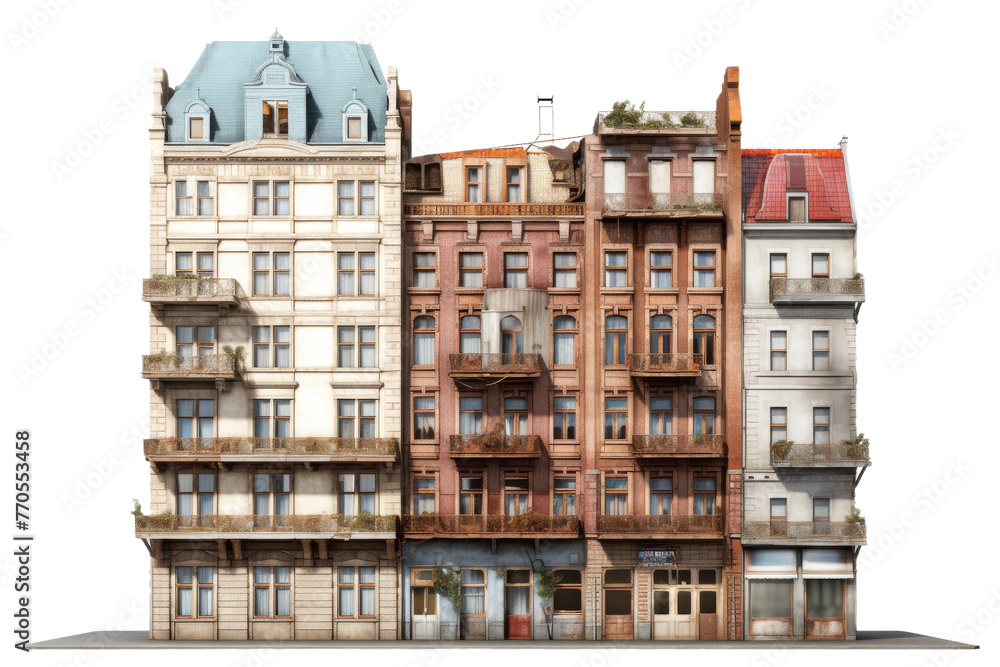 Urban Buildings With Windows and Balconies.. On a White or Clear Surface PNG Transparent Background.