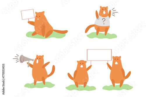 Cute cartoon cats with a poster and a megaphone. Animals Protest at a rally, picket. Scream and outrage. Hand drawn flat vector illustration isolated on white background.