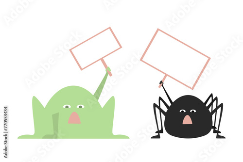 Cute cartoon frog and spider with poster. Animals Protest at a rally, picket. Scream and outrage. Hand drawn flat vector illustration isolated on white background.