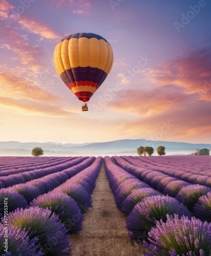 A vibrant sunset casts a golden glow over rows of lavender, with hot air balloons adding a touch of adventure to the tranquil scene. The evening light creates a stunning visual symphony. AI generation