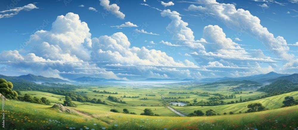 A natural landscape painting showcasing a lush green field under a sky filled with fluffy cumulus clouds, surrounded by grassland and trees