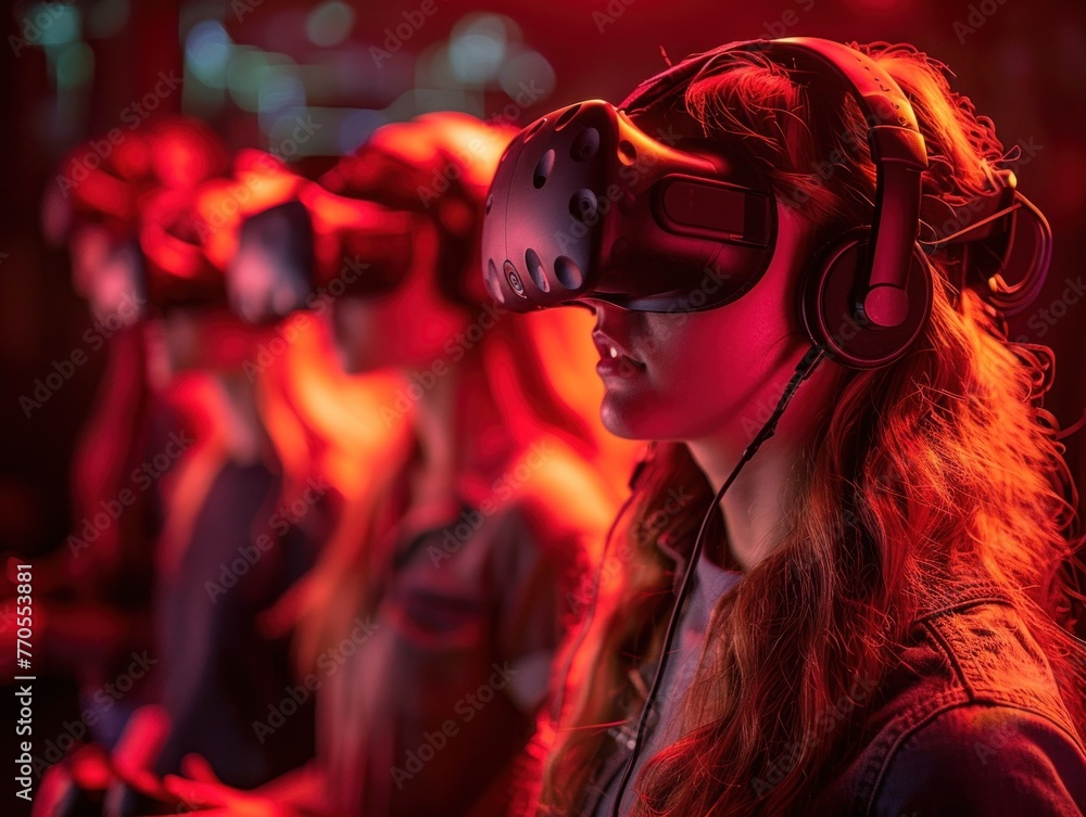 Several individuals are immersed in virtual reality experiences, wearing VR headsets.