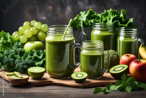 Glass jar mugs with green health smoothie