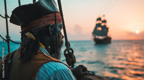 A pirate in a detailed costume looks out at the sea, with a ship on the horizon during a beautiful sunrise © Nena Ai