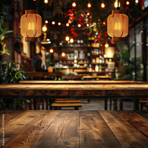 A cozy cafe interior with warmly lit lamps, wooden tables, and inviting atmosphere.