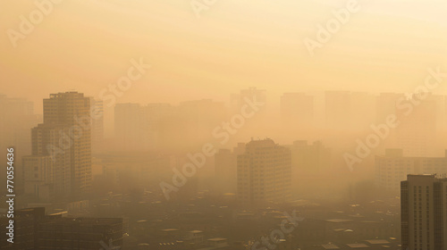 A city engulfed in thick unhealthy smog with barely visible skyscrapers showcasing air pollutions grip.
