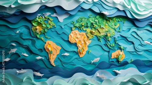 A stunning and intricate paper cutout world map featuring swirling ocean waves, colorful fish, and a mesmerizing blue color palette on a vibrant turquoise background.