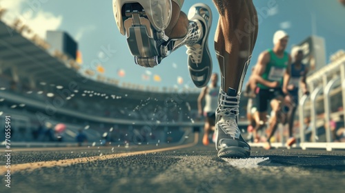 an athlete running around the stadium with a prosthetic leg. A disabled athlete. Healthy lifestyle, living with a disability photo