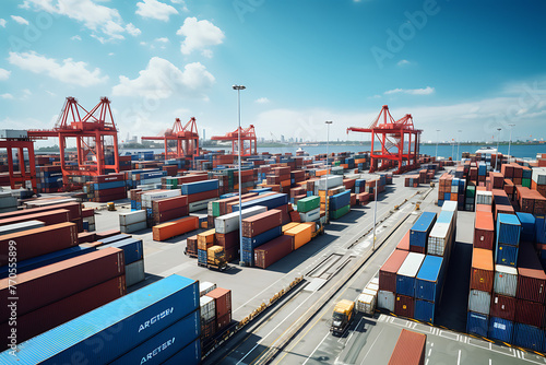 Container terminal bustling with activity, cranes towering over stacked cargo with trucks in transit under a clear sky. Generative ai