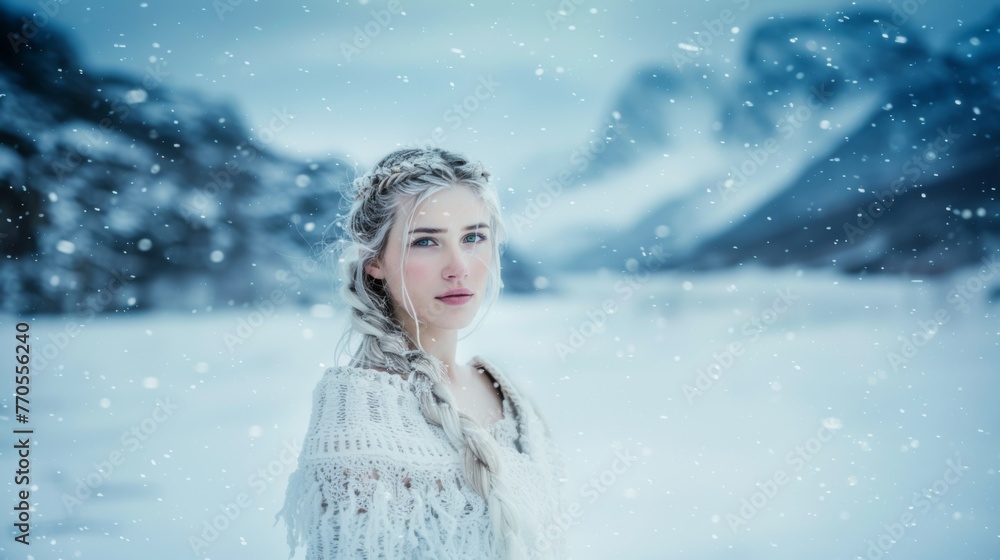 Portrait of a Shield Maiden Viking Woman in Winter. Piercing Blue Eyes with Braided Blonde Hair. Old Viking Costume.