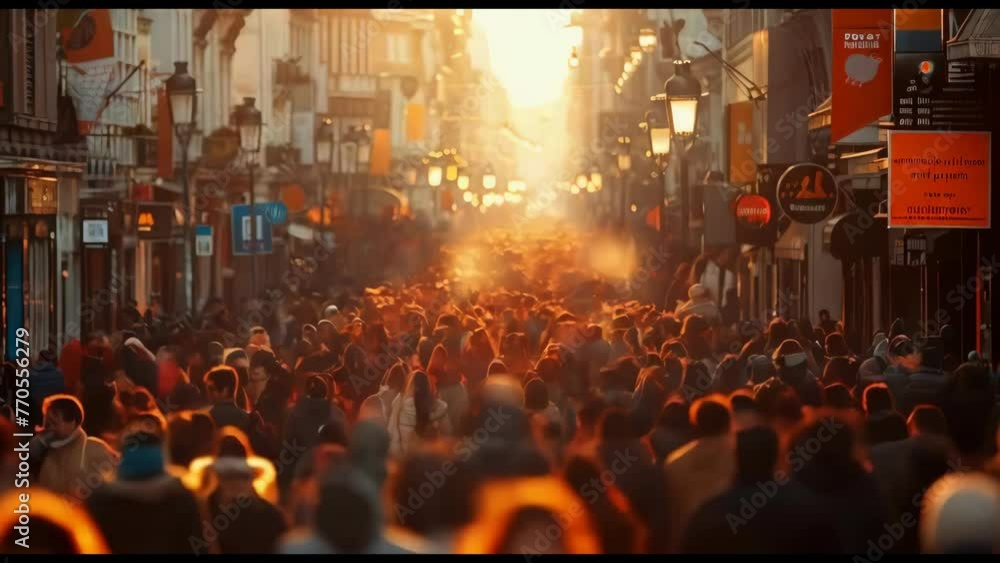 A busy city street with a large crowd of people walking down it A busy city street with a large crowd of people walking down it