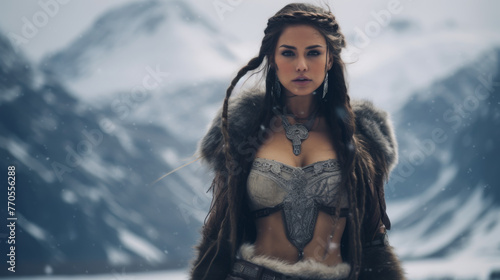 Portrait of a Shield Maiden Viking Woman in Winter. Piercing Blue Eyes with Braided Brown Dark Hair. Old Viking Costume.