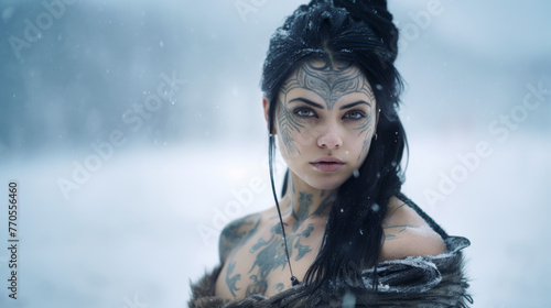 Portrait of a Shield Maiden Viking Woman in Winter. Piercing Blue Eyes with Braided Black Dark Hair. Old Viking Costume.