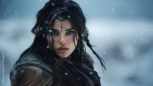 Portrait of a Shield Maiden Viking Woman in Winter. Piercing Blue Eyes with Braided Black Dark Hair. Old Viking Costume.